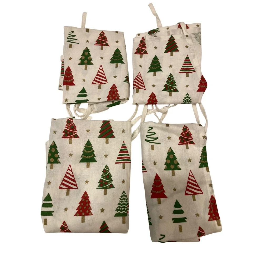 Christmas Tree Print Bib Apron Red Green Gold Stars Holiday Kitchen Baking White